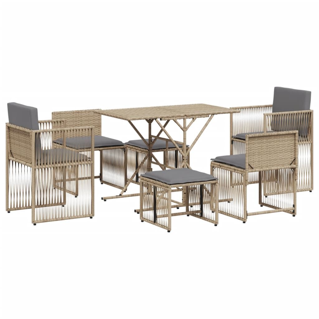7 Piece Garden Dining Set With Cushions Beige Poly Rattan