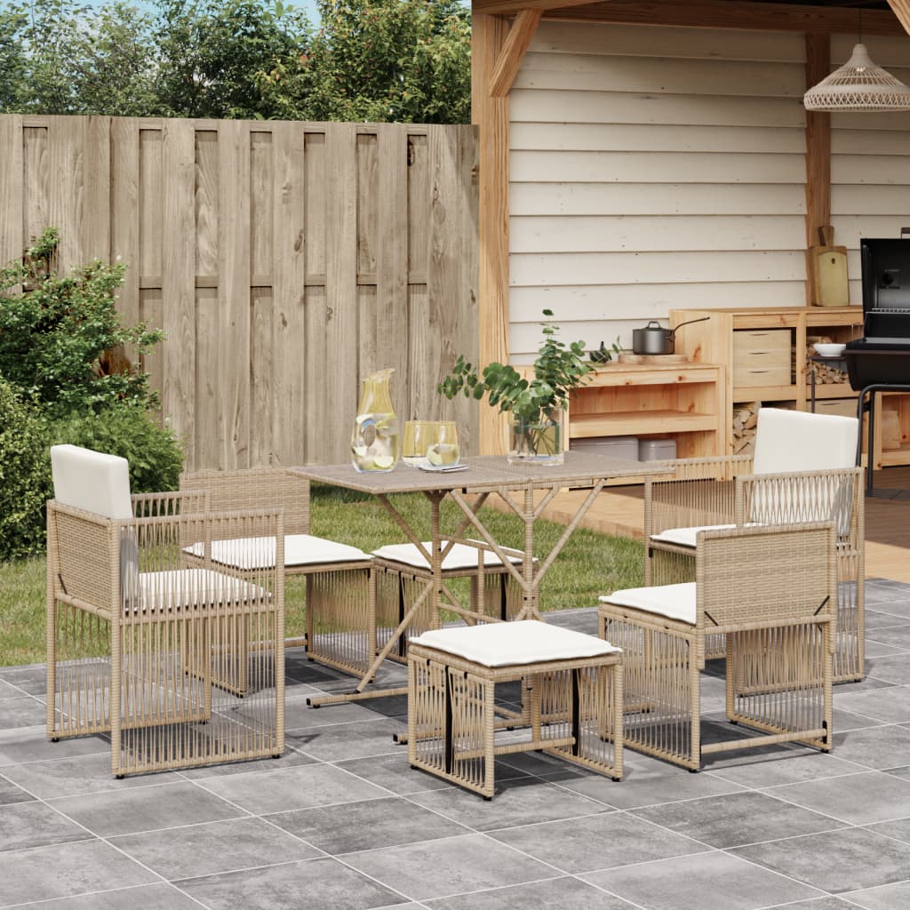 7 Piece Garden Dining Set With Cushions Beige Poly Rattan