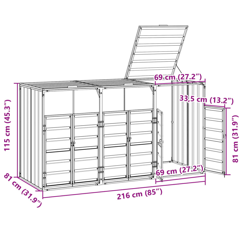 Wheelie Bin Storage For Triple Bins 216X81X115 Cm Steel