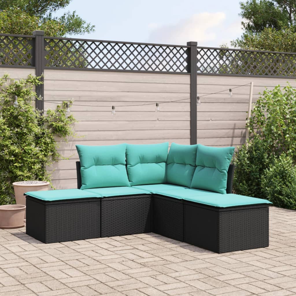 5 Piece Garden Sofa Set With Cushions Black Poly Rattan