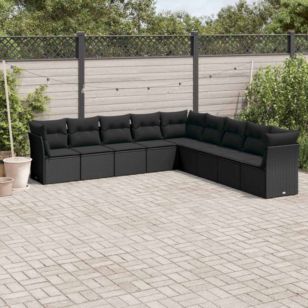 9 Piece Garden Sofa Set With Cushions Black Poly Rattan