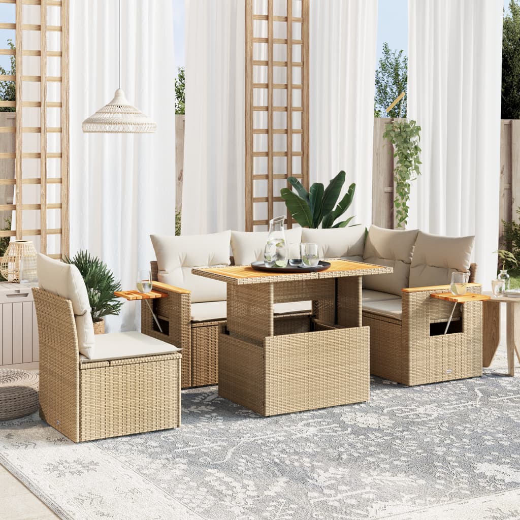 6 Piece Garden Sofa Set With Cushions Beige Poly Rattan