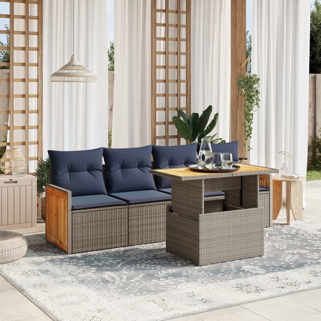 5 Piece Garden Sofa Set With Cushions Poly Rattan Acacia