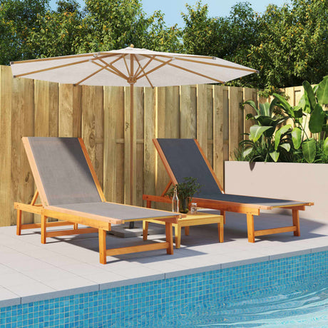Sun Loungers 2 Pcs With Table Solid Acacia Wood And Textilene