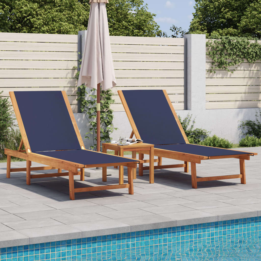 Sun Loungers 2 Pcs With Table Solid Acacia Wood And Textilene