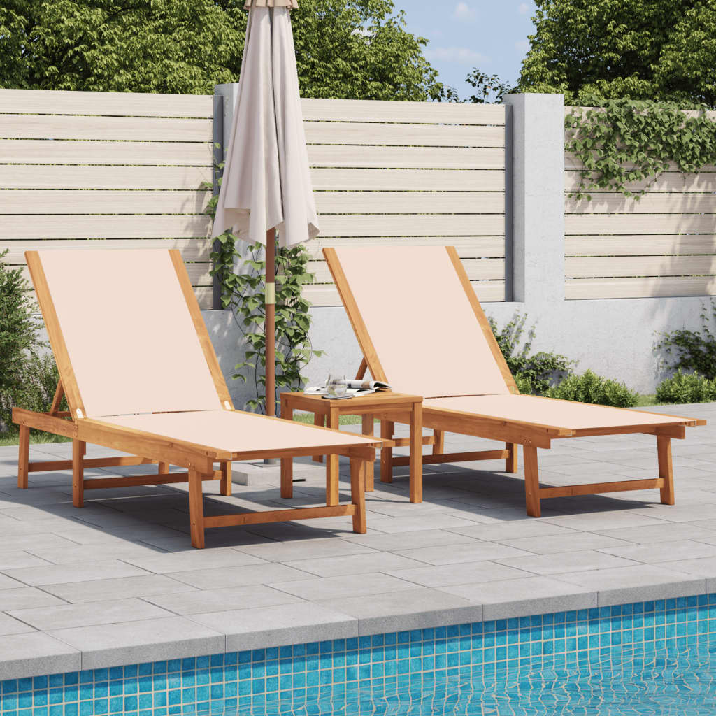 Sun Loungers 2 Pcs With Table Solid Acacia Wood And Textilene