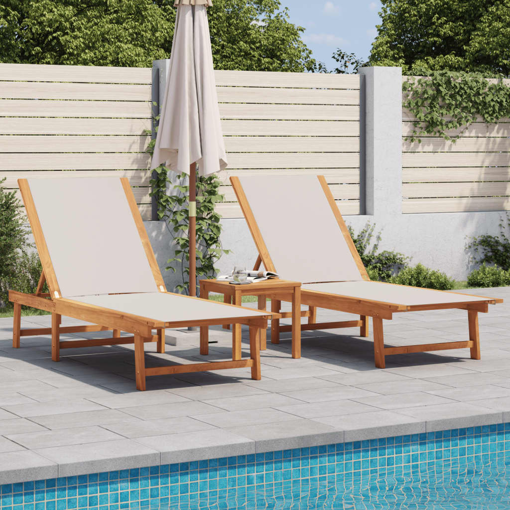 Sun Loungers 2 Pcs With Table Solid Acacia Wood And Textilene