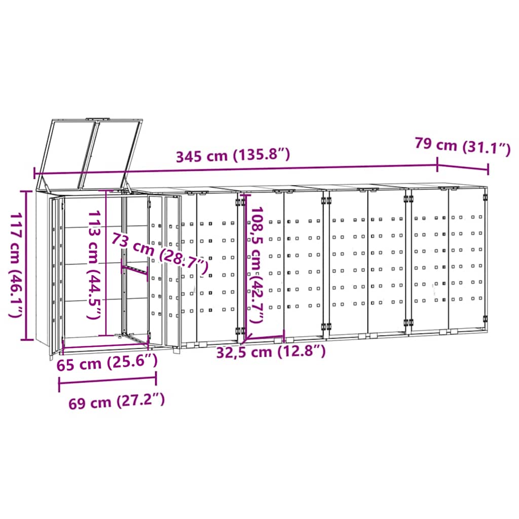 Wheelie Bin Storage For 5 Bins 345X79X117 Cm Steel