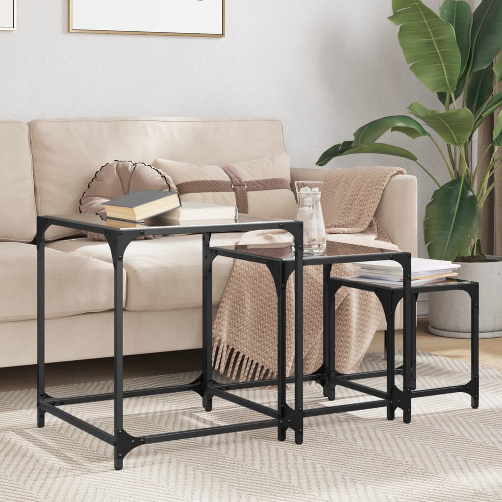 Nesting Coffee Tables 3 Pcs With Glass Top Steel