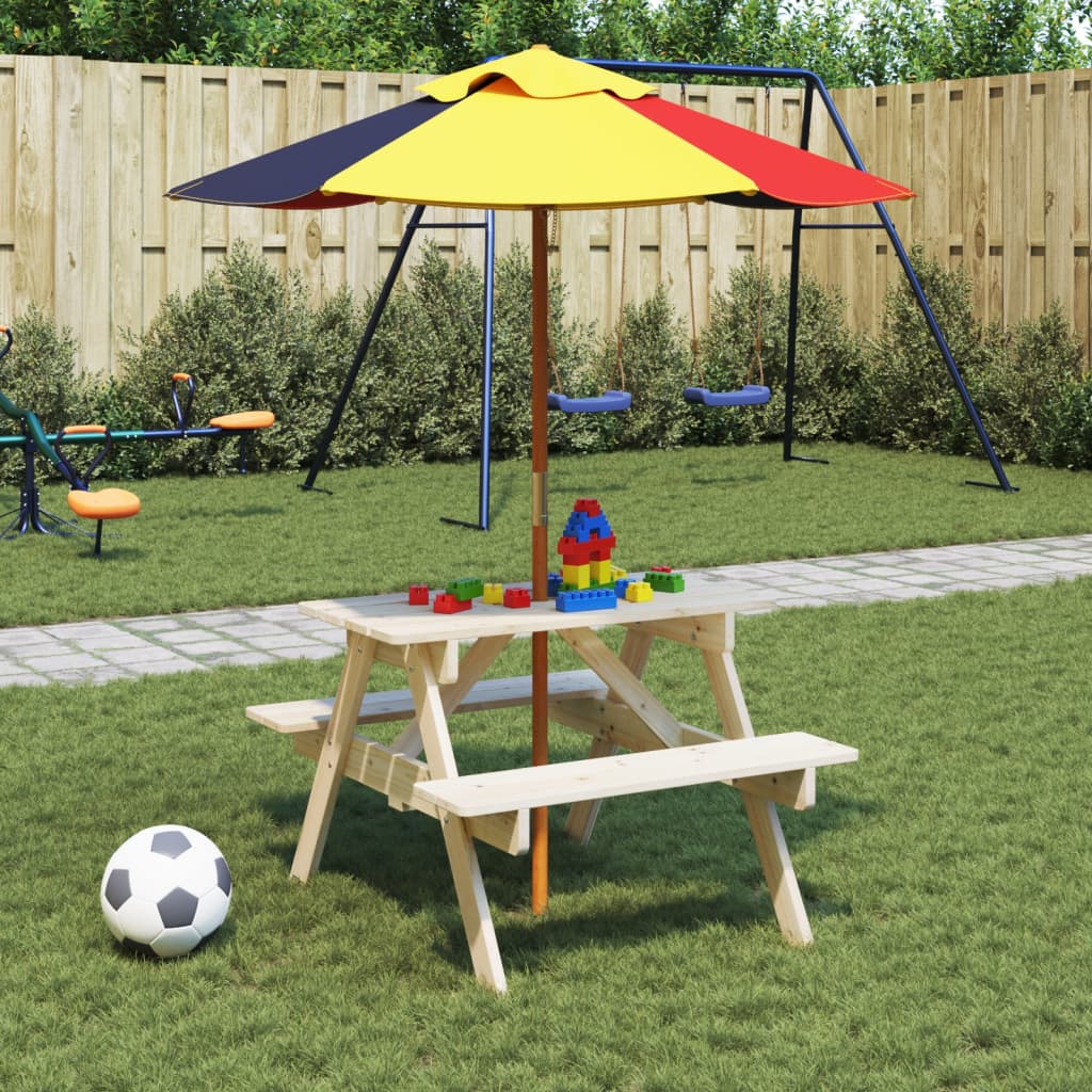 Kids' Picnic Table With Benches And Parasol Wood