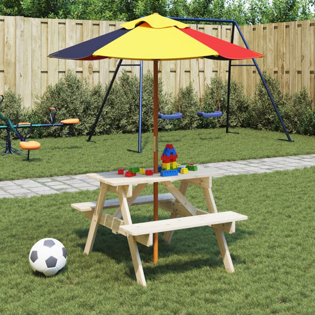Kids' Picnic Table With Benches And Parasol Wood