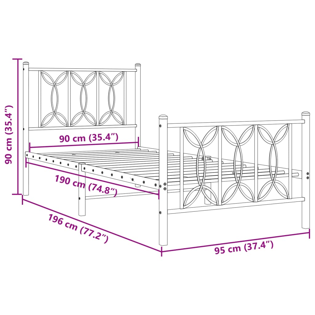 Metal Bed Frame Without Mattress With Footboard 90X190Cm