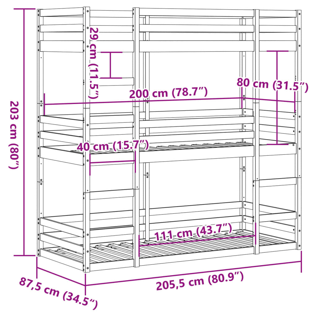 Triple Bunk Bed Without Mattress Solid Wood Pine