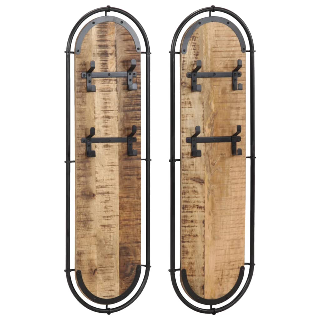 Wall-Mounted Coat Racks With 4 Hooks 2 Pcs Solid Wood Rough Mango