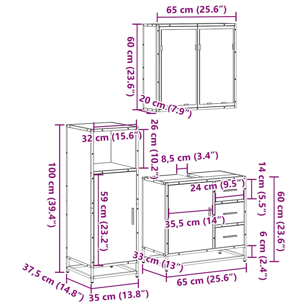 3 Piece Bathroom Furniture Set Engineered Wood