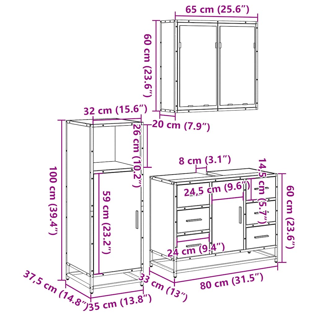 3 Piece Bathroom Furniture Set Engineered Wood