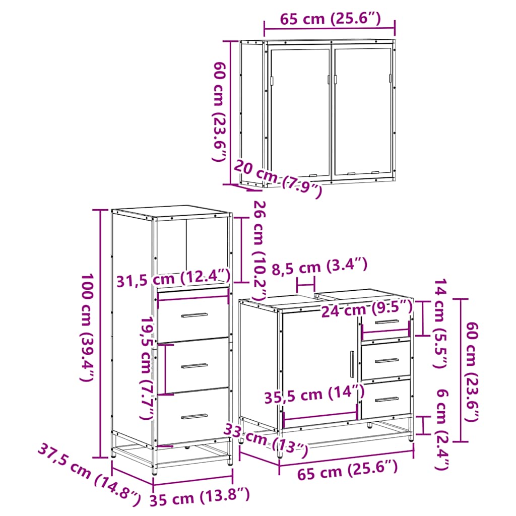 3 Piece Bathroom Furniture Set Engineered Wood