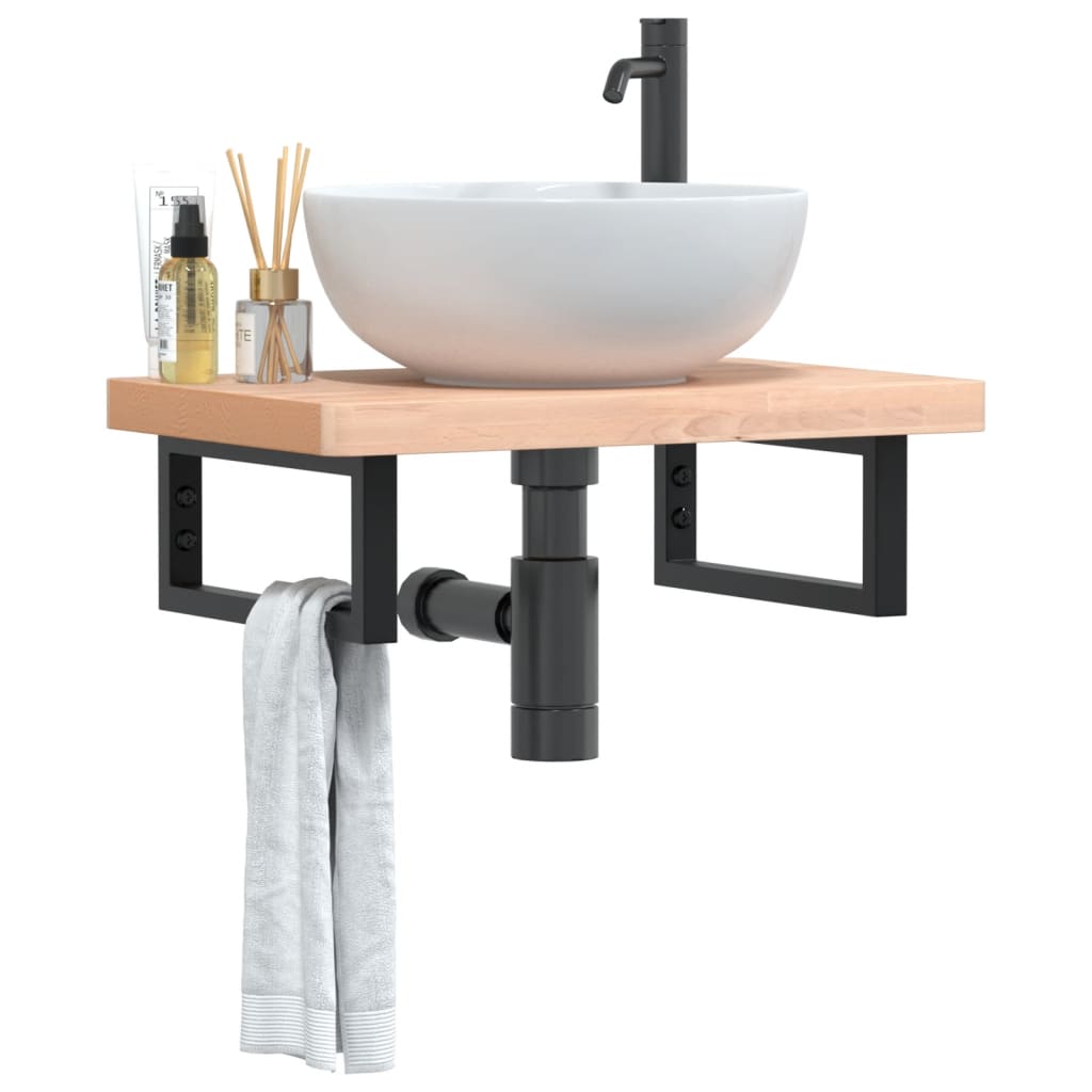 Basin Shelf Wall Mounted Steel And Solid Wood Beech