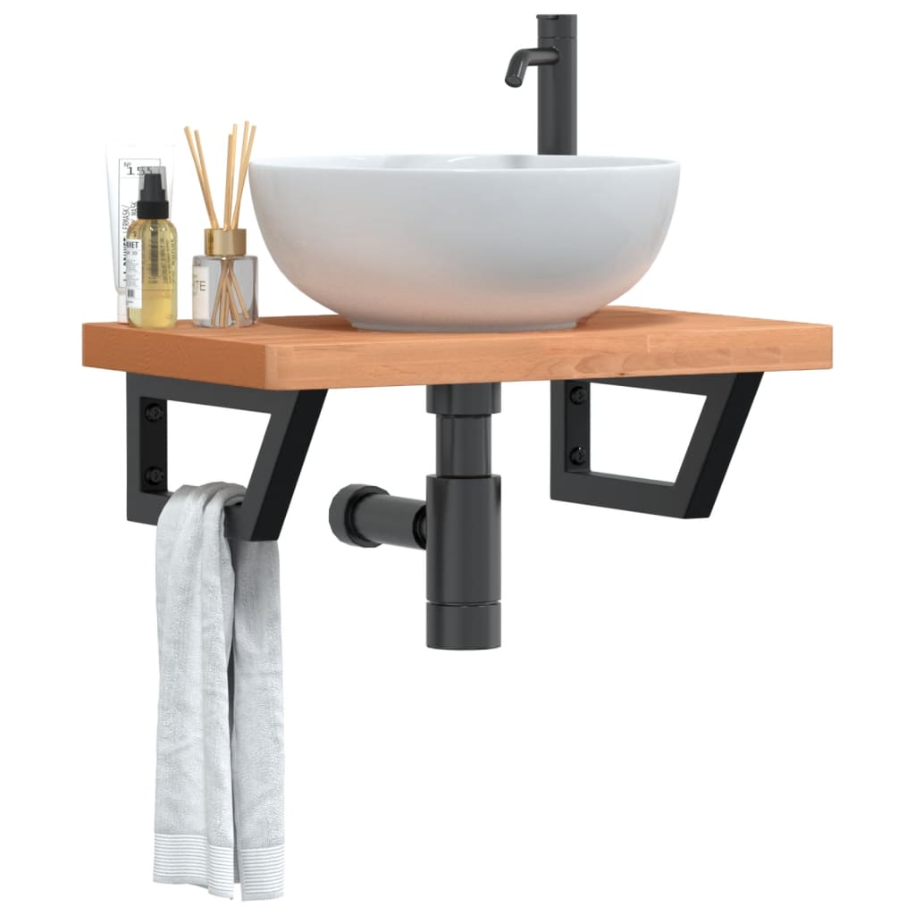 Basin Shelf Wall Mounted Steel And Solid Wood Beech