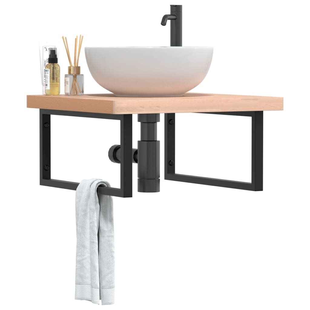 Basin Shelf Wall Mounted Steel And Solid Wood Beech
