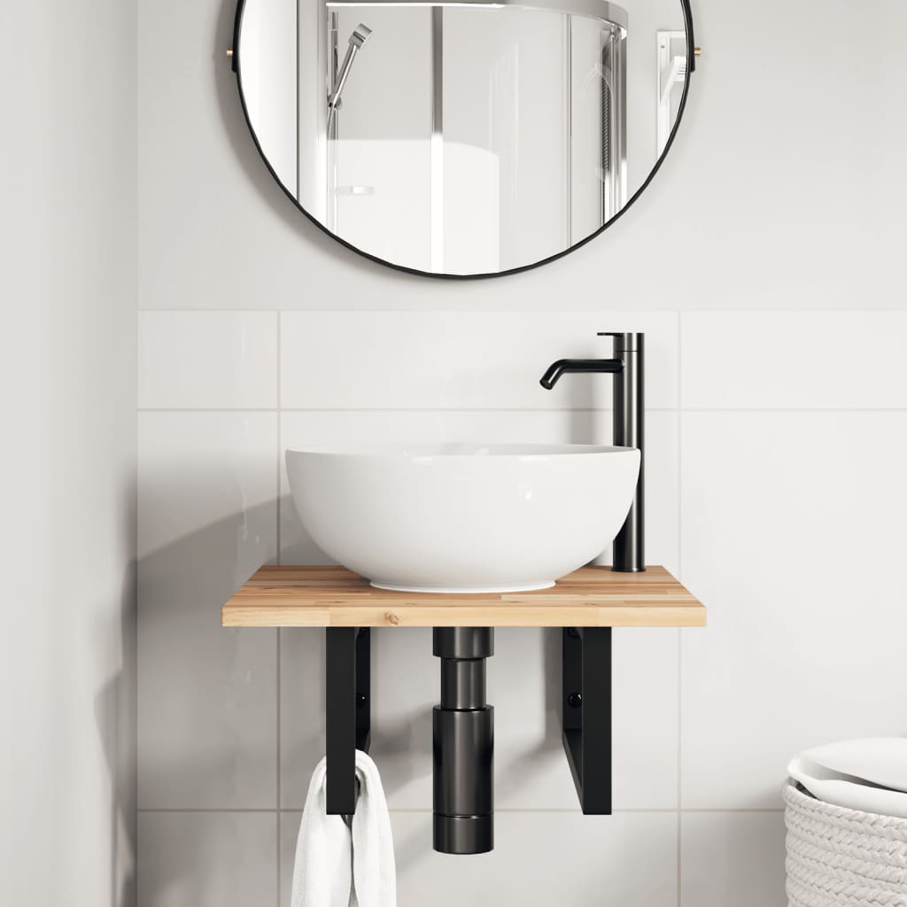 Basin Shelf Wall Mounted Steel And Solid Wood Acacia