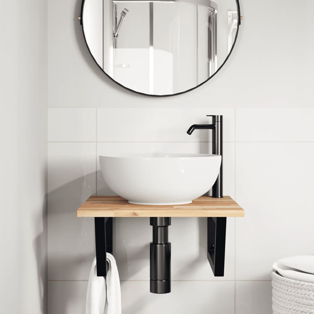 Basin Shelf Wall Mounted Steel And Solid Wood Acacia