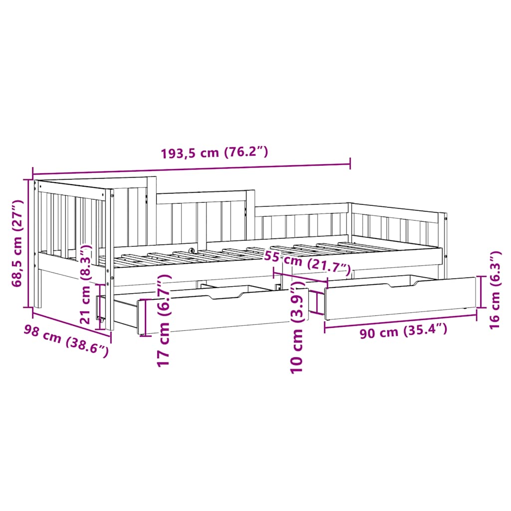 Daybed With Drawers Without Mattress White 90X200 Cm Solid Wood