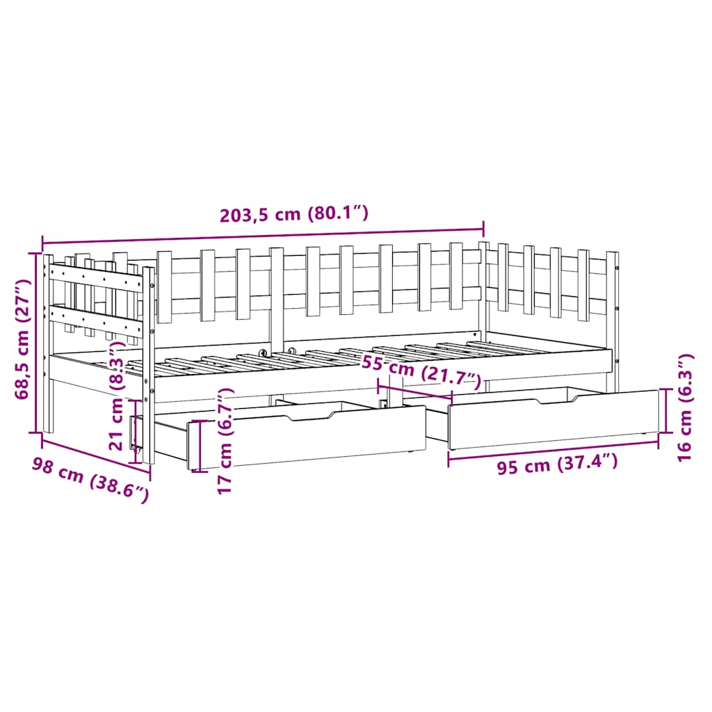 Daybed With Drawers Without Mattress 80X200 Cm Solid Wood