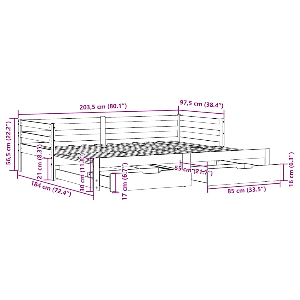Daybed With Trundle&Drawers Without Mattress Wax Brown 90X200 Cm