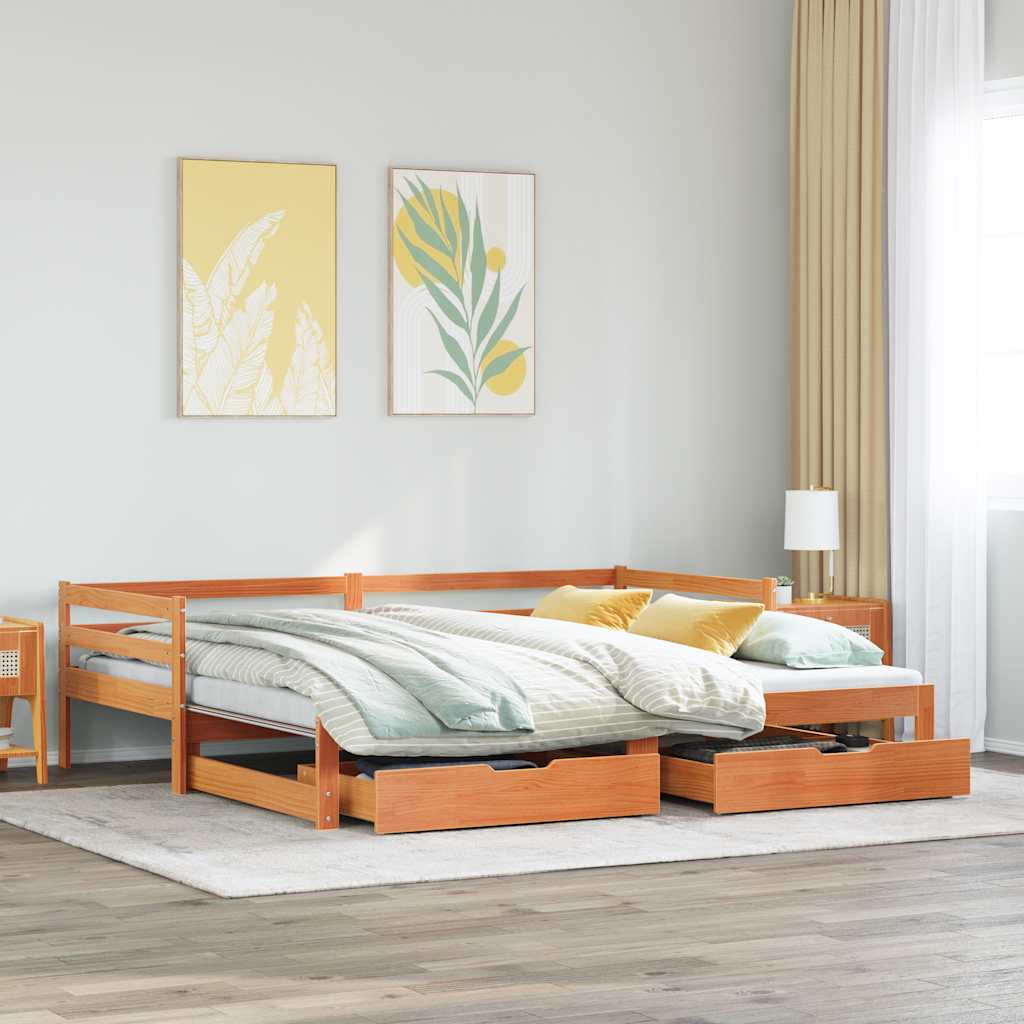 Daybed With Trundle&Drawers Without Mattress Wax Brown 90X200 Cm