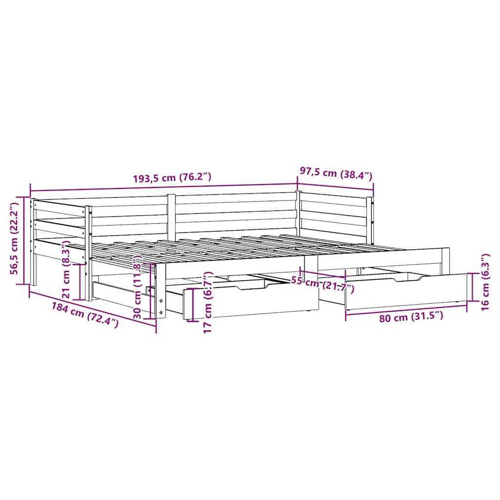 Daybed With Trundle&Drawers Without Mattress Wax Brown 90X190 Cm Single