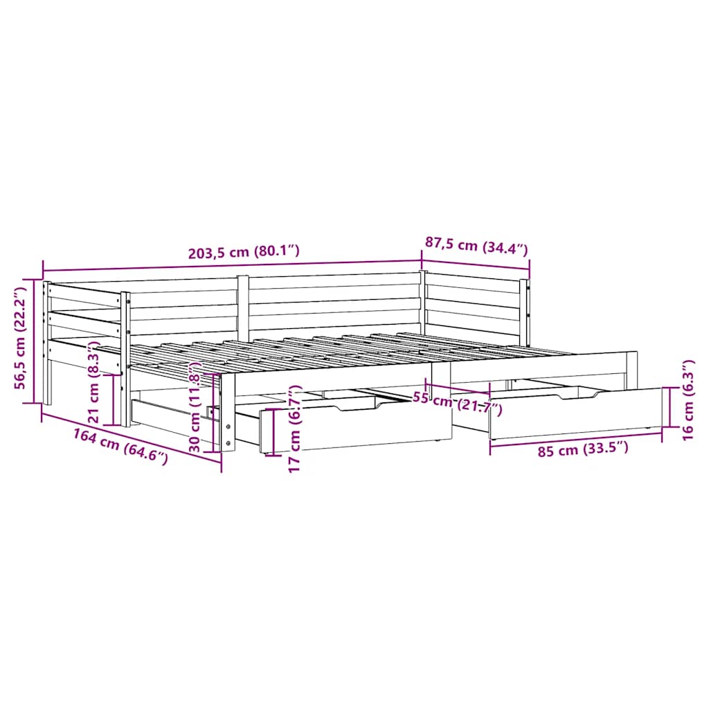 Daybed With Trundle&Drawers Without Mattress Wax Brown 80X200 Cm