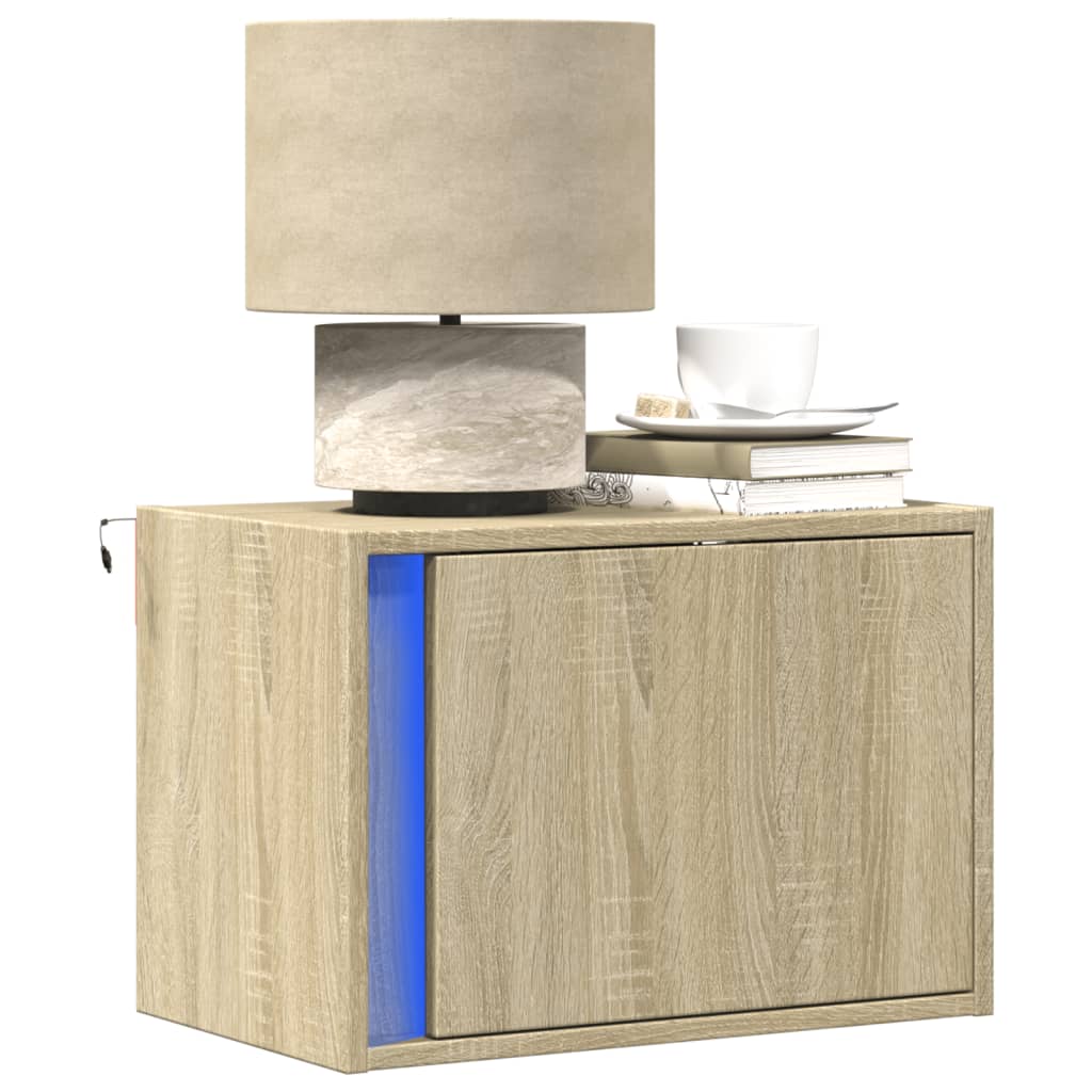 Wall-Mounted Bedside Cabinet With Led Lights Concrete Oak