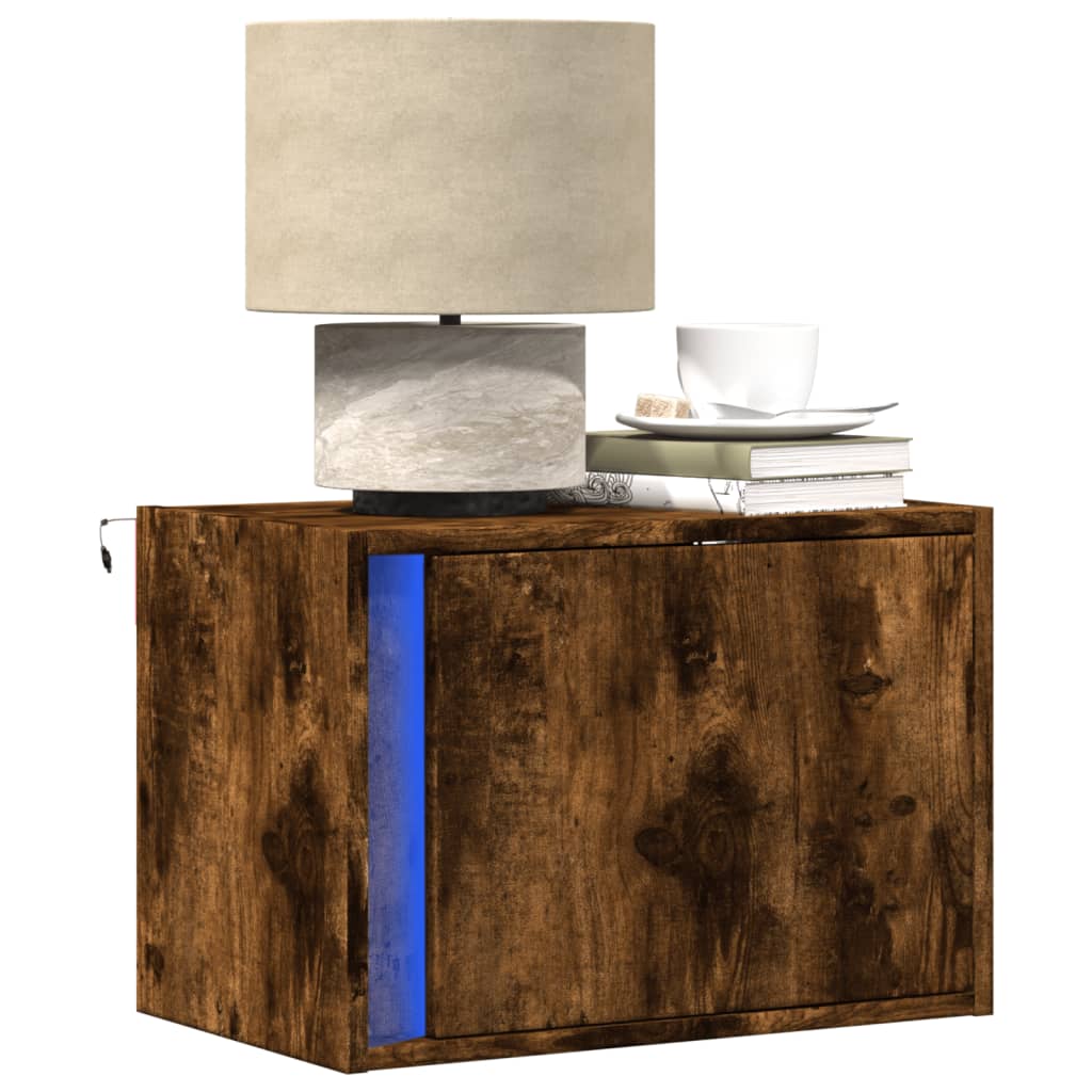 Wall-Mounted Bedside Cabinet With Led Lights Concrete Oak