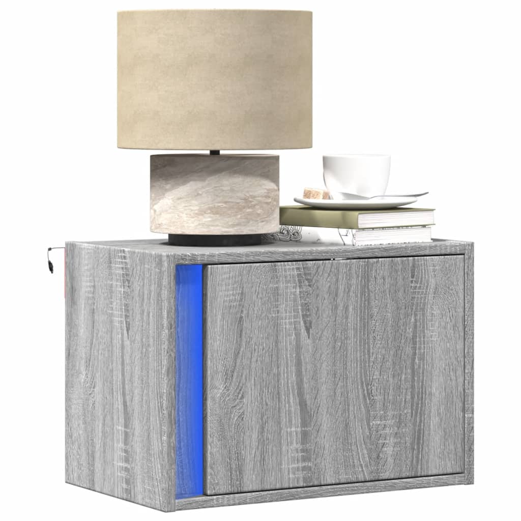Wall-Mounted Bedside Cabinet With Led Lights Concrete Oak