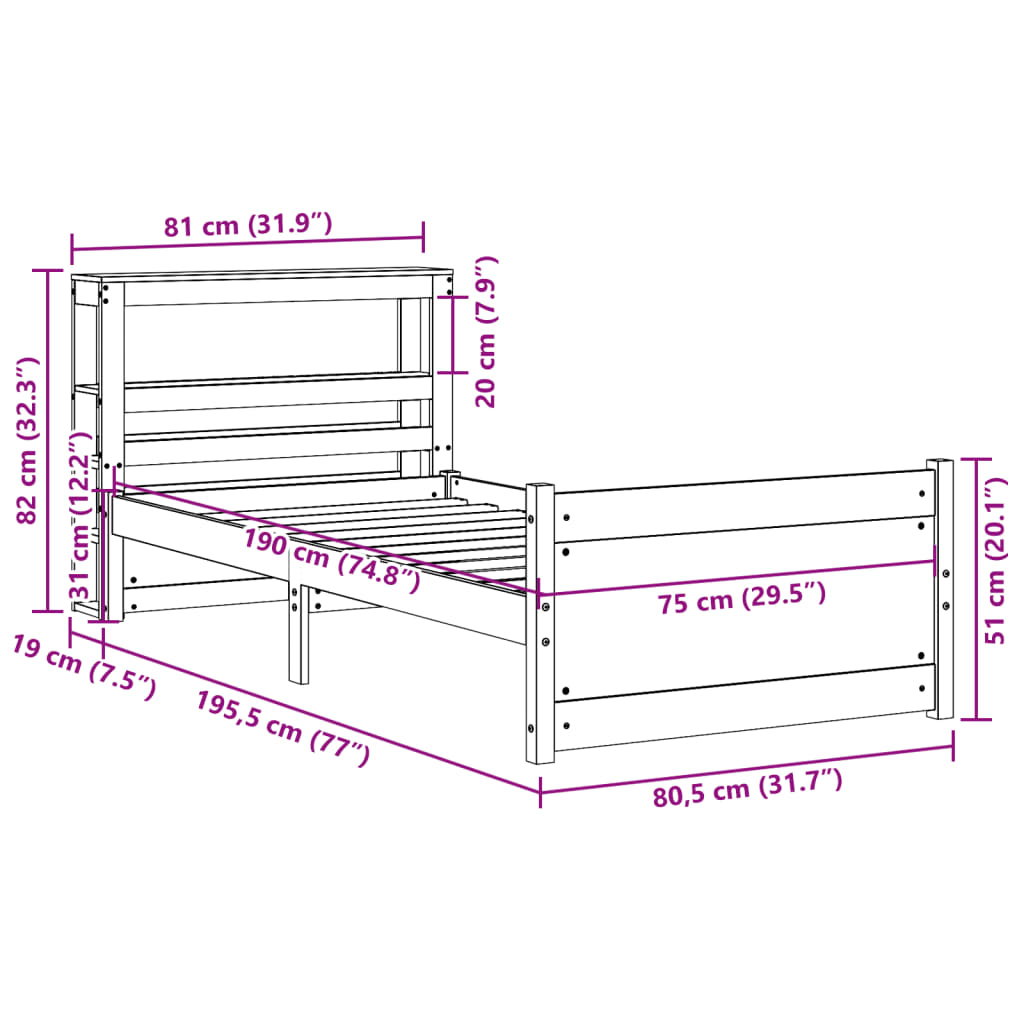 Bed Frame With Headboard Without Mattress 75X190 Cm Small Single