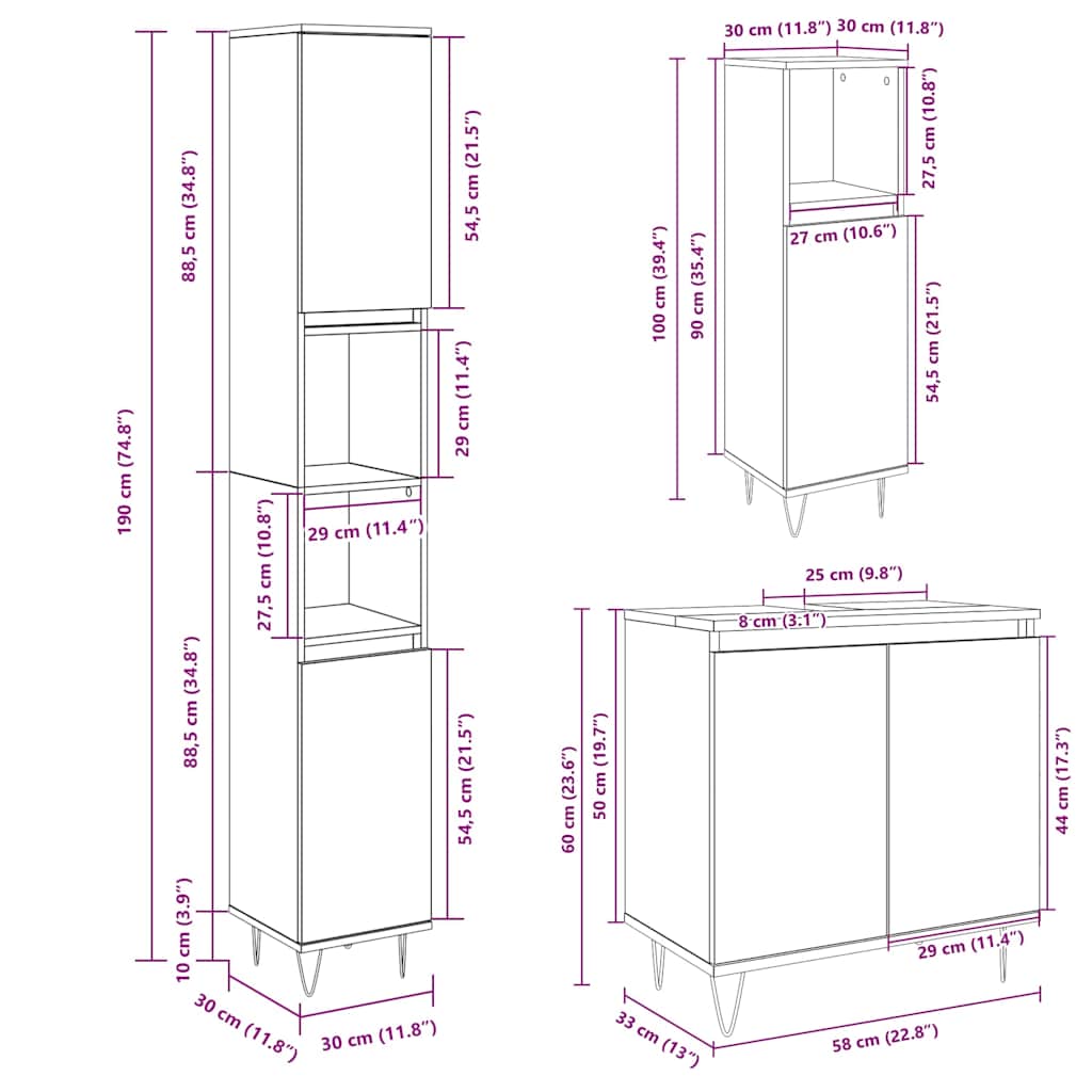 3 Piece Bathroom Furniture Set Engineered Wood