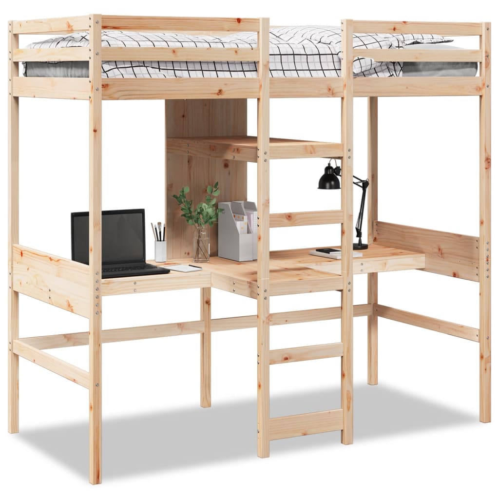 Loft Bed Frame With Desk And Shelves 90X200Cm Solid Wood Pine