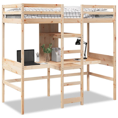 Loft Bed Frame With Desk And Shelves 90X200Cm Solid Wood Pine
