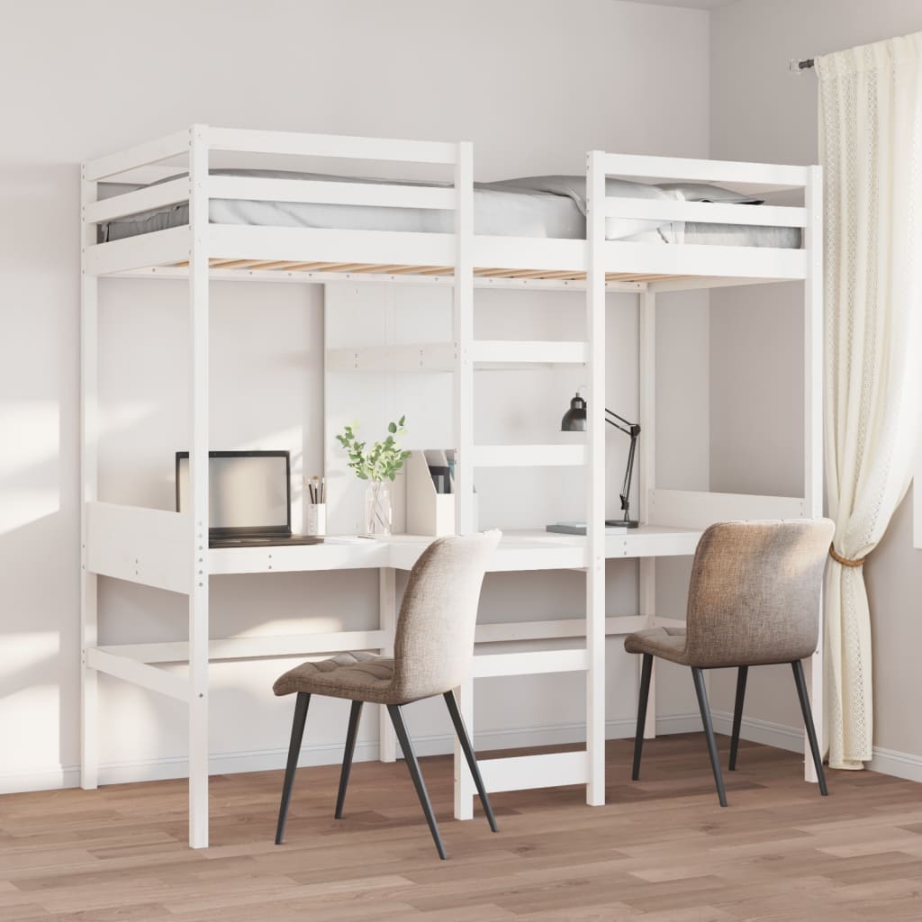 Loft Bed Frame With Desk And Shelves 90X200Cm Solid Wood Pine