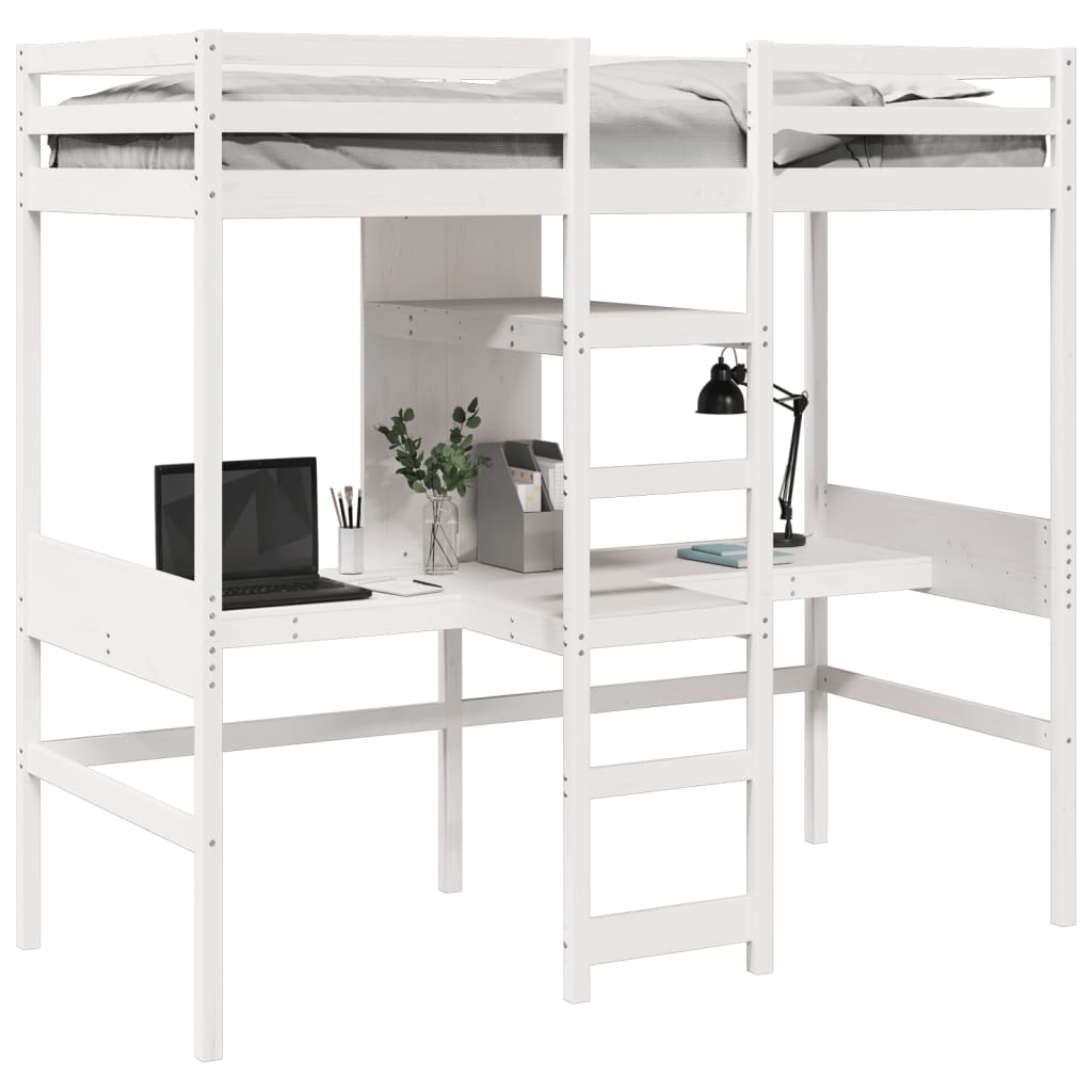 Loft Bed Frame With Desk And Shelves 90X200Cm Solid Wood Pine