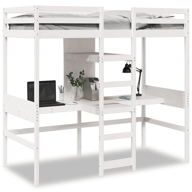 Loft Bed Frame With Desk And Shelves 90X200Cm Solid Wood Pine