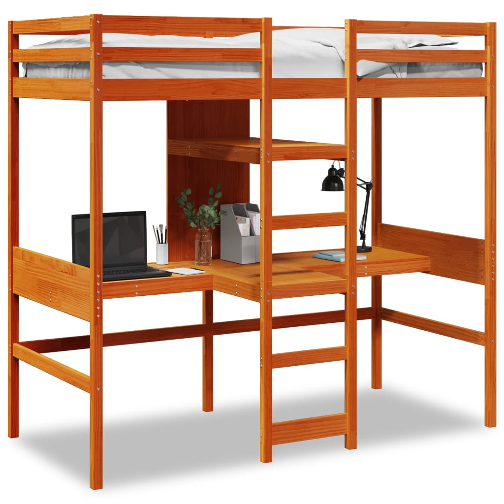 Loft Bed Frame With Desk And Shelves 90X200Cm Solid Wood Pine