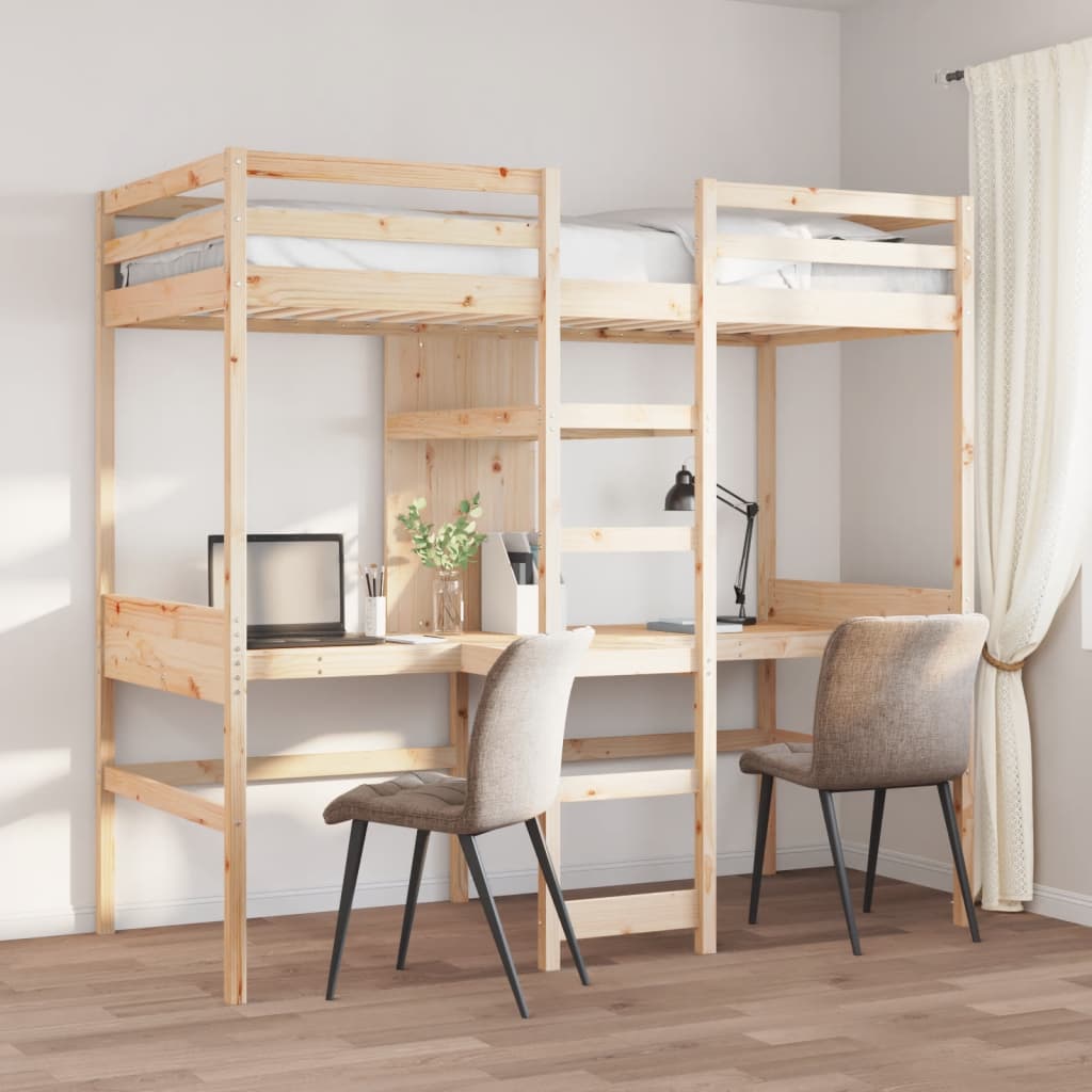 Loft Bed Frame With Desk And Shelves 90X200Cm Solid Wood Pine