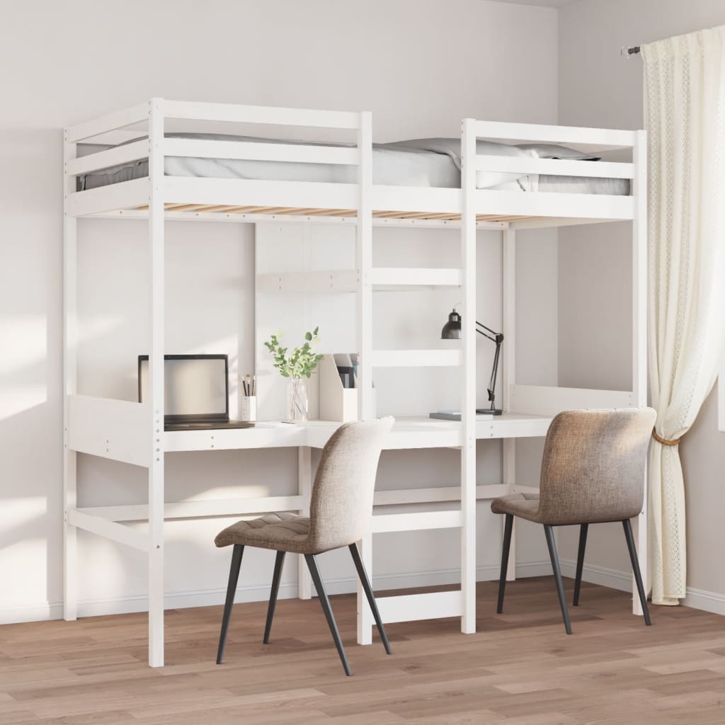 Loft Bed Frame With Desk And Shelves 90X200Cm Solid Wood Pine