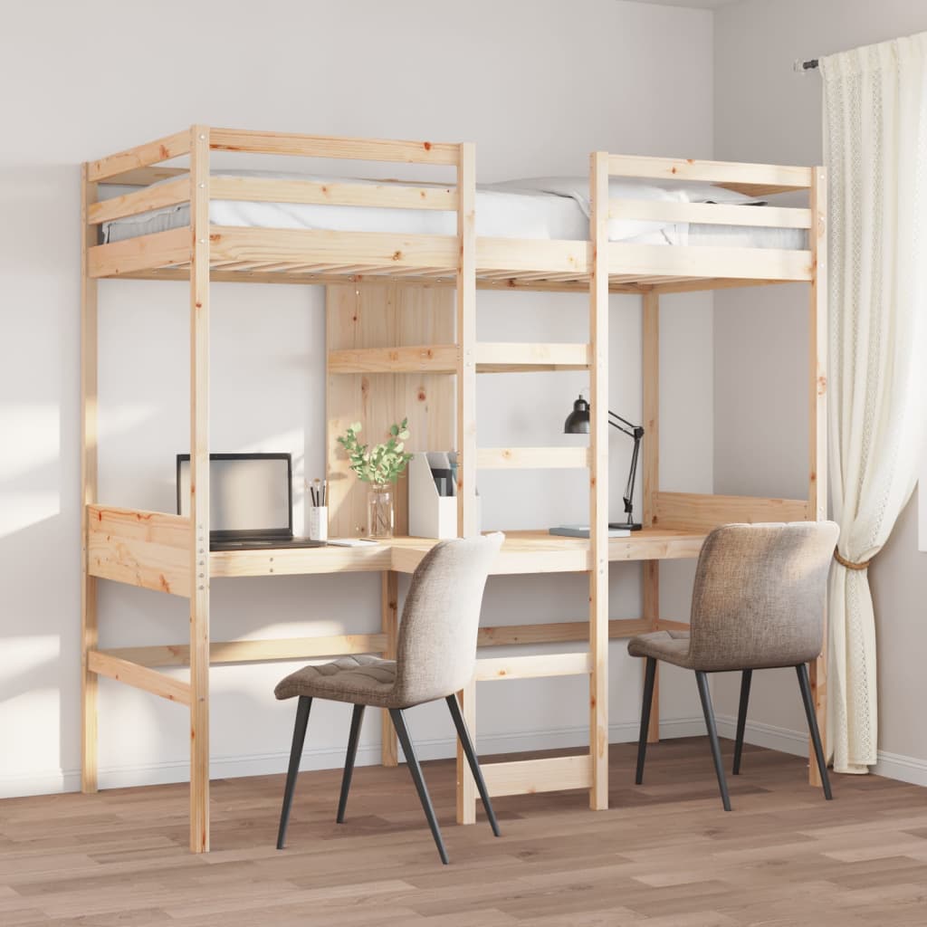 Loft Bed Frame With Desk And Shelves 90X200Cm Solid Wood Pine