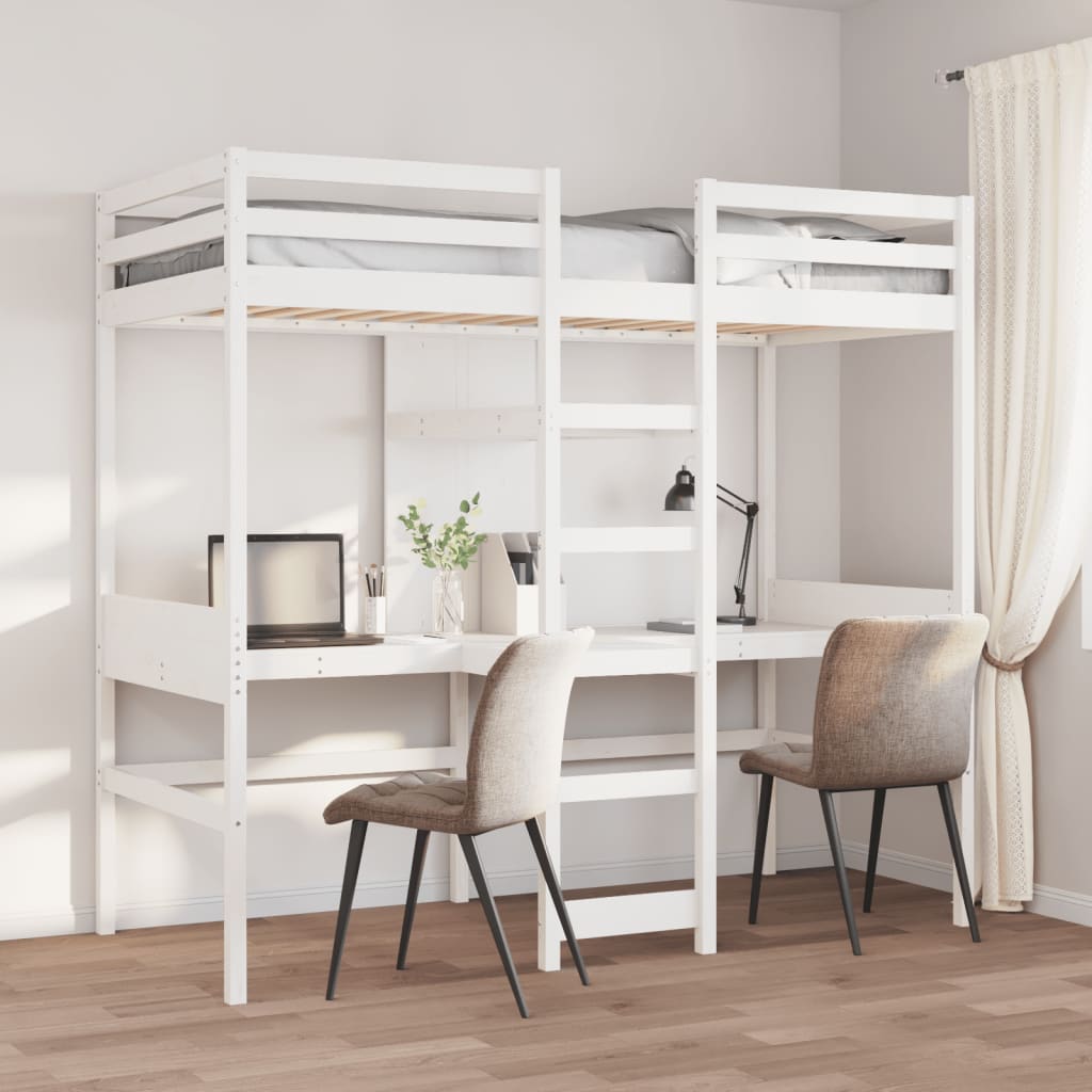 Loft Bed Frame With Desk And Shelves 90X200Cm Solid Wood Pine