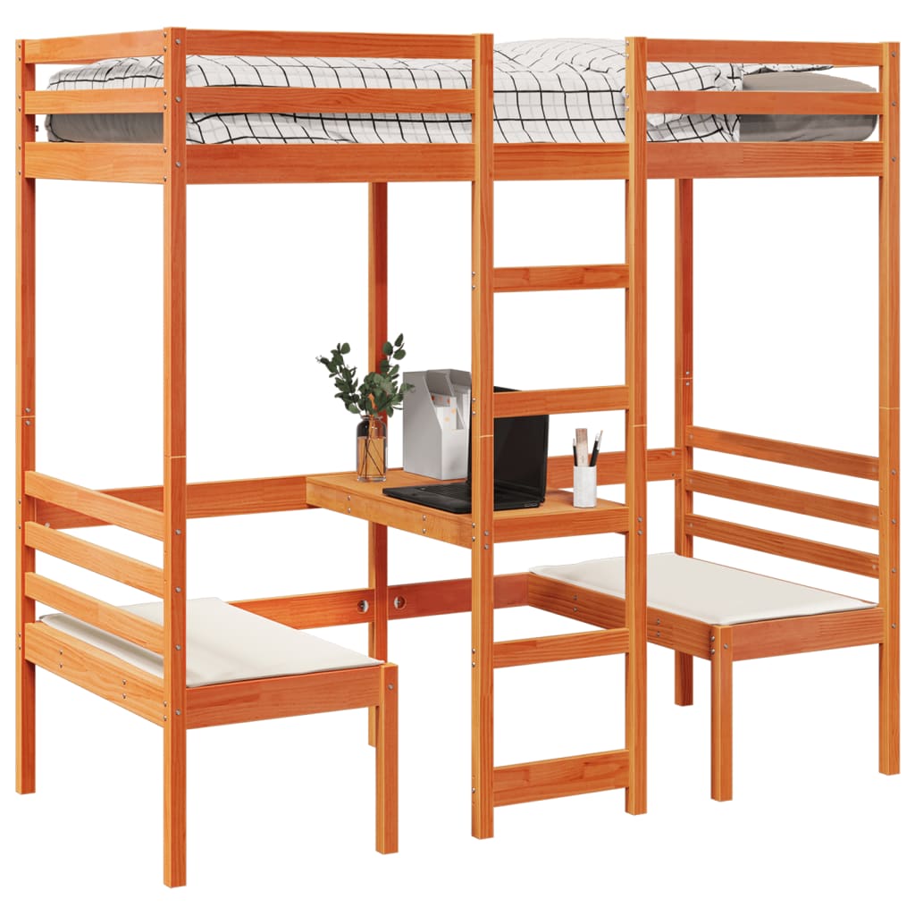 Loft Bed Frame With Desk And Chairs 90X200Cm Solid Wood Pine