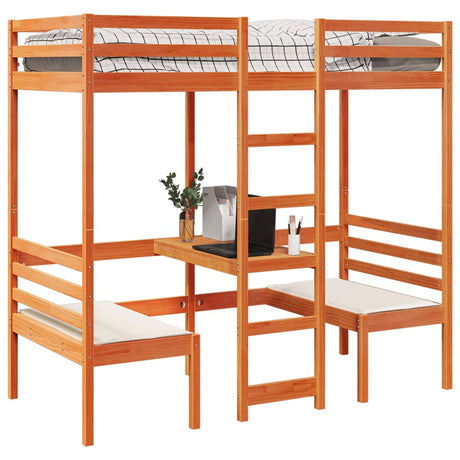 Loft Bed Frame With Desk And Chairs 90X200Cm Solid Wood Pine
