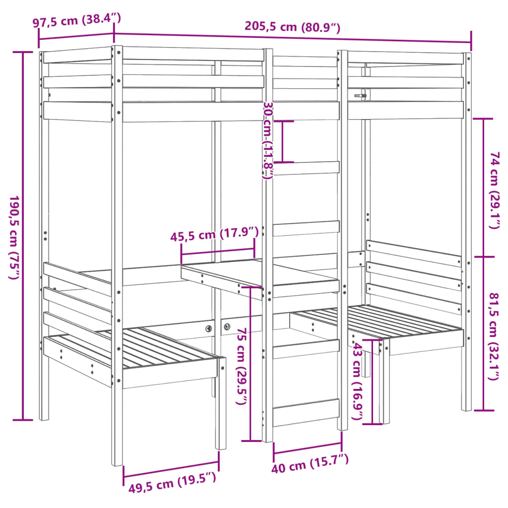 Loft Bed Frame With Desk And Chairs 90X200Cm Solid Wood Pine